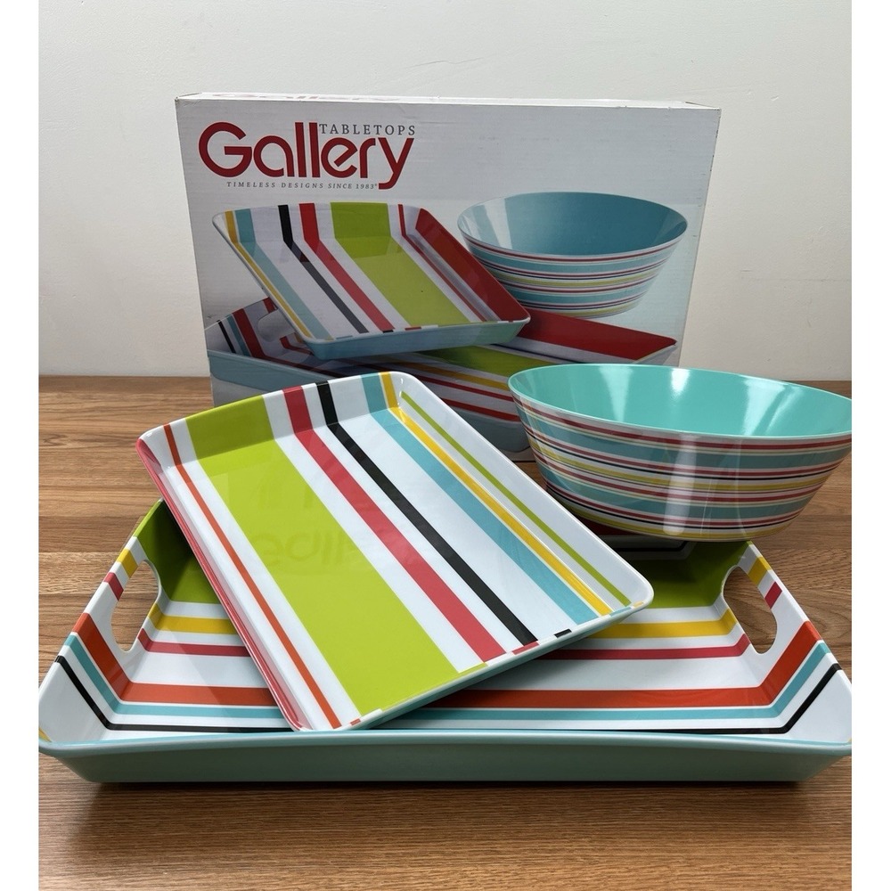 Tabletops Gallery 3pc Stripe‎ Melamine Serveware Set Bowl Tray Platter in Box